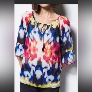 Milly for Design Nation Peasant Top Tie Dye Sheer Tassel Tie Ruffle Sleeves XS